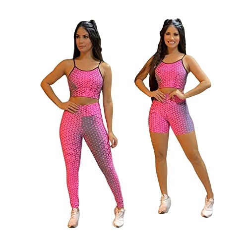 Conjunto 3 Peças Roupa Academia Calça Shorts Top Alçinha Fitness Tamanho:M;Cor: Rosa