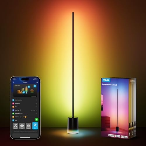 Govee LED Stehlampe Dimmbar RGBIC, 1725LM Stehlampe Wohnzimmer Arbeiten mit Matter,152cm RGBIC Moderne Schwarz,16 Millionen Farben Szenenmodi, Musikmodus für Deko Schlafzimmer Spielzimmer