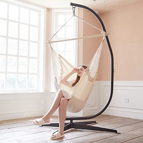 Pnaeut Hammock Chair Hanging Rope Swing, Max 500 Lbs, Hanging Chair With Pocket, 2 Cushions Included, Steel Spreader Bar With Anti-Slip Rings, Hardware Kits And Bag, For Indoor Outdoor (Natural) #TOP7