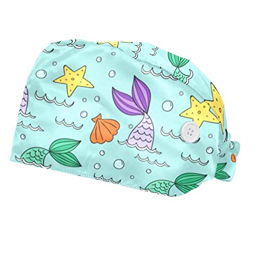 Chapeaux bouffants JDEZ sirènes et étoiles de mer, lot de 2 casquettes de travail ajustables