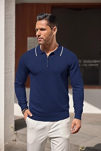 COOFANDY Men's Knit Polo Shirt Long Sleeve Quarter Zip Polo Sweater Casual Golf Shirts Vintage Striped Collar Polo2