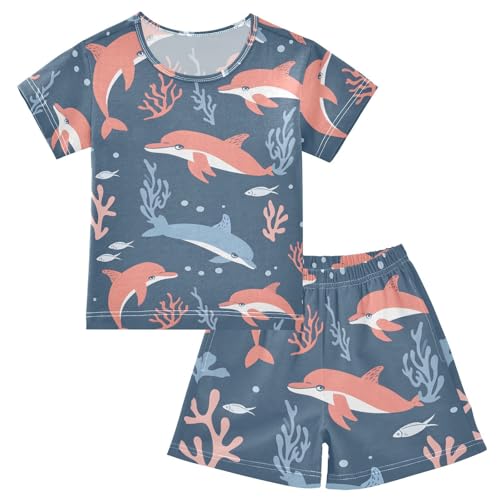 ALAZA Dolphin Coral Reef Cartoon Blue Pajamas Short Sleeve 2 Piece Sleepwear Top and Bottom Pajama Set Unisex