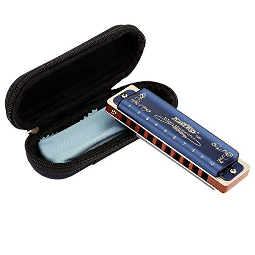 East top Diatonic Harmonica Key of Bb, 10 Holes 20 Tones 008K Diatonic Blues Harp Mouth Organ Harmonica with Blue Case, Standard Harmonica For Adults, Professionals and Students
