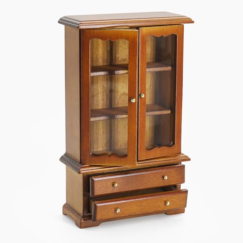 Odoria Dollhouse Cabinet Miniature Bookcase: 1/12 Scale Display Bookshelf for Living Room Vintage - Mini Storage Curio China Cupboard Pantry - Tiny Kitchen Furniture Wood Brown Organizer with Drawer