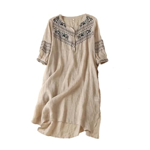 Damenkleid mit ethnischer Stickerei, lockere Passform, lässiger offener Ausschnitt, leicht, Sommer, mittellang, Baumwoll-Leinenkleid, aprikose, XL