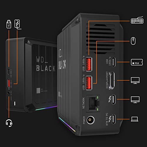 D50 SSD Game Dock NVMe, 2 TB. 2 porte Thunderbolt 3, DisplayPort 1.4, 2 porte USB-C, 3 porte USB-A, ingresso/uscita audio e Gigabit Ethernet; luci RGB personalizzabili, velocità di lettura - Illuminazione - Immagine 1