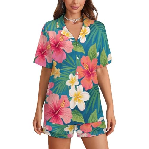 Women Girls Buttoned Pajamas, Short Sleeve Top with Pants