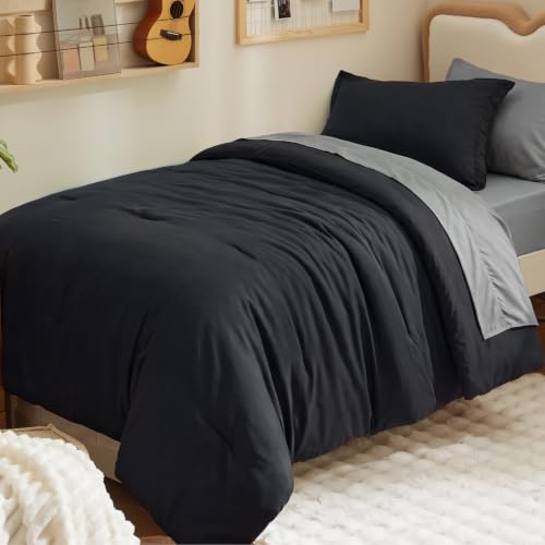 Image of Bedsure Twin XL Comforter Set - Extra Long 5 Pieces Black Twin XL Bedding Set for All Seasons, Boho Contrasting Design Bed in a Bag with Comforter, Sheets, Pillowcase & Sham
