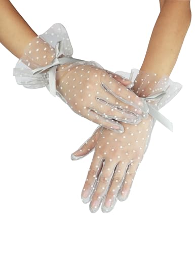 Women's Short Lace Gloves with Bow Ruffles Lace Tea Party Gloves for Wedding Costume Evening Dinner Party Silver