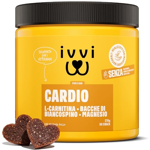 ivvi Cardio per cani – 60 snack morbidi con L-carnitina, taurina, L-arginina, magnesio, olio di salmone, bacche di biancospino e melograno – funzione cardiaca, energia e vitalità – con pollo – 270 g