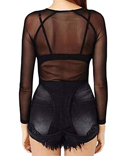 Women's Short Sleeve/Long Sleeve Bodycon Clubwear Sheer Pure Mesh Tops T Shirts (0-1028 (Black), Large)