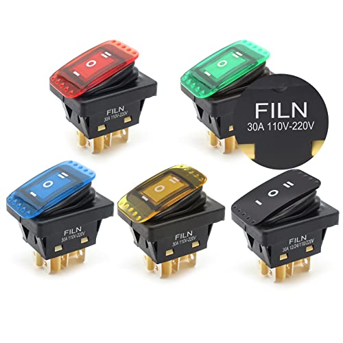 FILN 5stück 30A 220V KCD4 Wasserdichter Boot Wippschalter Ein-Aus-Ein IP67 rot grün gelb bule schwarze LED Lampe(110V-220V,Wasserdichter, rot1stück+grün1stück+gelb1stück+blau1stück+Schwarz1stück) Cover