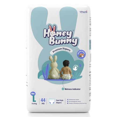 Image of Honey Bunny Premium Baby Diaper Pants - Large (9-14 kg) - 44 Diapers | with Shea Butter Infused Care, 360 Super Soft Comfort, Ultra Thin Fit & Breathable Extra Absorb Core