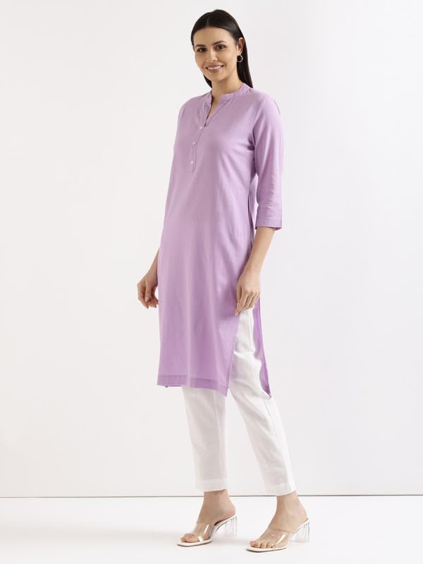 Image of SAADAA Women's Linen Straight Fit Straight Long Kurta Airy Plain Kurta, 3 /4 Sleeve, Knee Length Kurtis with Pockets, Casual and Office Wear