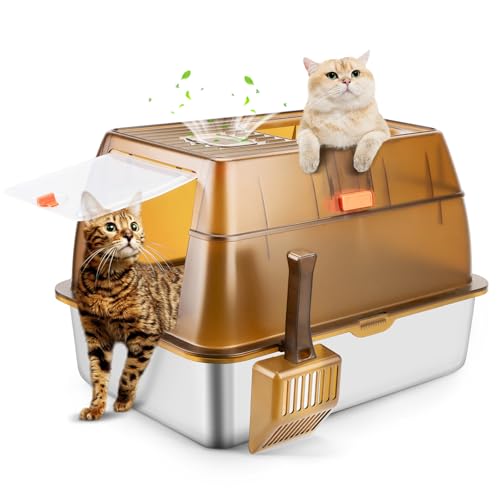 Bartuke Lettiera per Gatti in Acciaio Inox, Lettiera Gatto Chiusa XXL, caja de arena para gatos Grande con Pala, Antiodore, Facile da Pulire, Toilette Media Grande per Gatti (Marrone)
