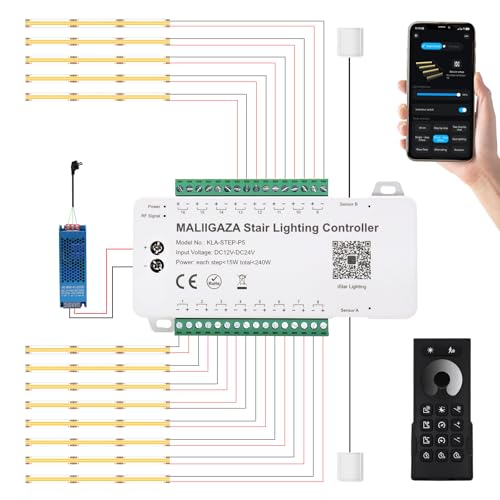 Illuminazione intelligente per scale, 13 livelli, luce bianca calda, 3000 K, sensore di movimento, luce per scale con app e telecomando RF, Bluetooth Smart Stair Light, striscia LED COB per interni