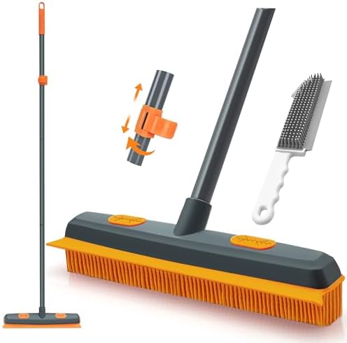 TidyBliss Rubber Broom with Silicone Squeegee, 57.5 inches Carpet Rake Pet Hair Removal Brush, Fur Remover Tool with Detailing Lint Comb for Cleaning Rug, Tile, Hardwood Floor (Gray Orange)