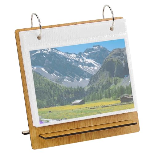 OLYCRAFT 10.2x13.9cm Wooden Photo Desk Album Burlywood Flip Photo Album Flip Frame Scrapbook Album Desktop Mini Photo Album Collection for Advertising Paper Calendar Menu Beverage Ad Card 24 Pockets