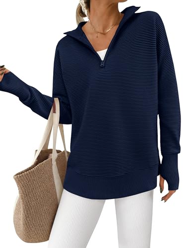 Image of PRETTYGARDEN Womens Long Sleeve Quarter Zip Pullover Sweater | Casual Loose V Neck Sweaters with Thumb Hole, Collared Ribbed Knit Jumper Tops, Oversized Tunic Tops, Fall Outfits 2026
