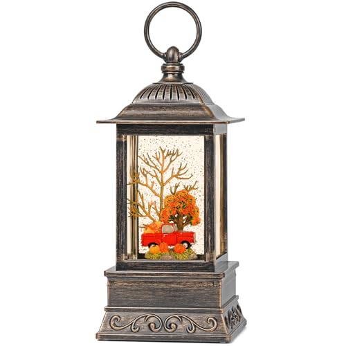 Fall Snow Globe Decorations Glitter Red Truck Lantern with 6H Timer USB/Battery Powered Lighted Dcor for Home Tabletop Gift Box