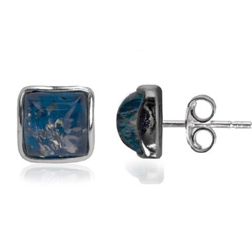 Blue Green Amber Sterling Silver Square Contemporary Small Stud Earrings