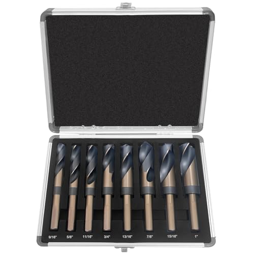 8-Piece Reduced Shank High Speed Steel Drill Bit Set with 1/2 Shank 8 Sizes from 9/16 to 1 HSS 4241 Black & Gold Drill Bits for Mild Steel Metal and Hard Wood