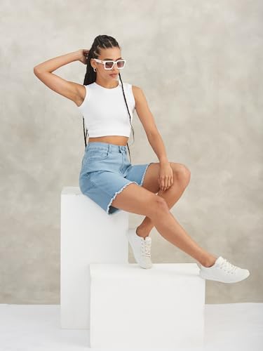 Image of Dolce Crudo Women's Relaxed Fit Mid-Rise Denim Shorts with Adjustable Waist & Frayed Hem