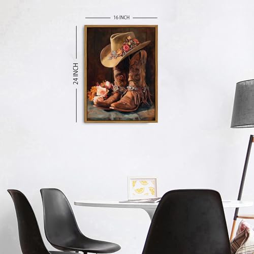Image of Western Cowgirl Boots Wall Art Rustic Cowboy Hat and Leather Boots Floral Framed Painting Country Farmhouse Western Decor for Living Room Bedroom Aesthetic Canvas Artwork Home Decorations 16x24