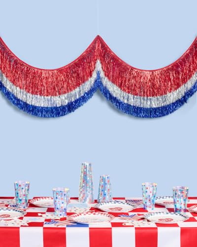 Image of xo, Fetti Red, Silver + Blue Layered Fringe Banner - 6 Ft. | 4th of July Decorations, Western Party Decorations, Patriotic Birthday Party Decor, Cowboy Backdrop, Summer BBQ Sign
