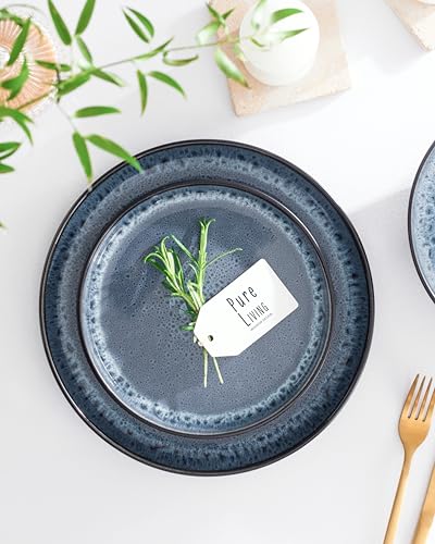 Image of 24 Piece Stoneware Dinnerware Set for 6 - Handmade Reactive Glaze Plates and Bowls Set - Chip & Scratch Resistant Dish Set - Dishwasher Microwave Safe - Dark Smoke Blue