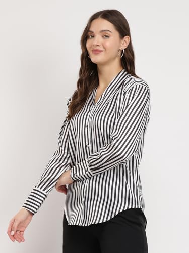 Image of FableStreet Women Formal Shirt | Relaxed Fit V-Neck Polka Dot Pattern with Pleated Detailing | Satin Fabric for Business Casual
