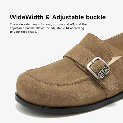 Image of BEAU TODAY Suede Leather Loafers Women, Women's Slip On Wide Width Loafers Flats Shoes, Footbed Comfortable Casual Dress Potato Shoes with Arch Support and Adjustable Buckle