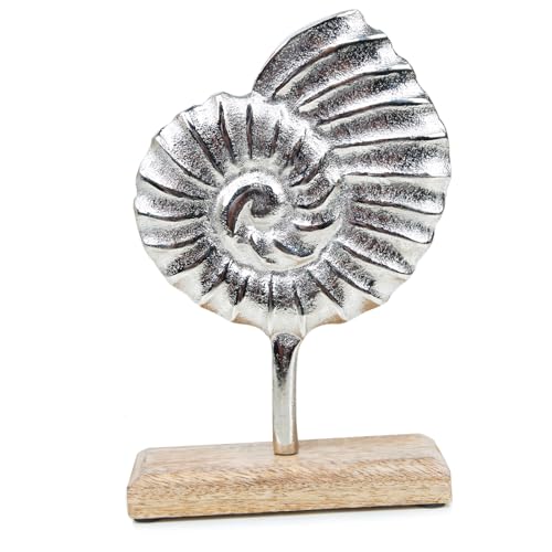 Logbuch-Verlag Deko Muschel aus Metall zum Hinstellen Silber maritim auf Holzsockel Badezimmer Geschenk 24 cm