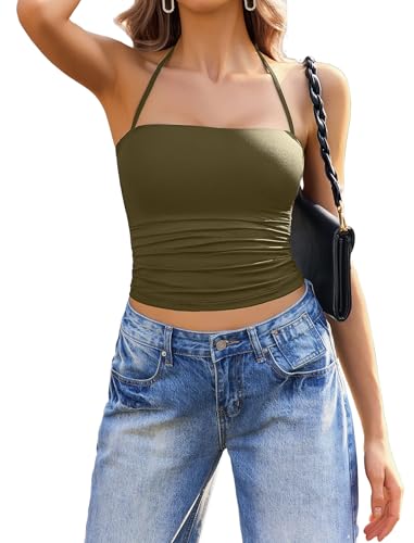 Image of Avidlove Halter Tops for Women Going Out Double Lined Sexy Crop Tank Top Ruched Slim Fit Cami Y2K Outfits Womens Summer Tops