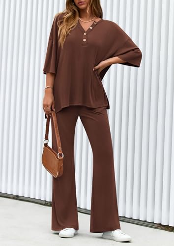 PRETTYGARDEN 2 Piece Lounge Sets for Women Summer 2025 Short Sleeve Tops Wide Leg Pants Matching Travel Outfits Clothing3