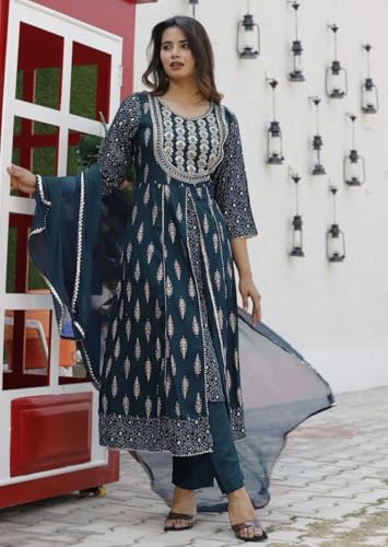 Image of Rayon Nayra Cut Embroidered Kurti Pant Set with Dupatta|Elegant Ethnic Wear for Party and Festive Occasions