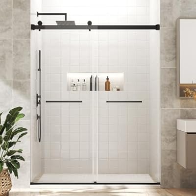 44-48 in. W x 75 in. H Frameless Shower Sliding Glass Door, 5/16" (8mm) Clear SGCC Tempered Glass, Bathroom Double Sliding Door with Nano Coating, Water Repellent, Stainless Steel, Matte Black