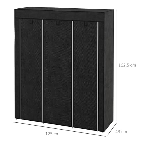 Miniatura 7 de Homcom Armario De Tela Plegable, Armario Portátil Con 2 Barras Para Colgar, 8 Estantes, Marco De Acero, Para Dormitorio, Vestidor, 125x43x162,5 Cm, Negro