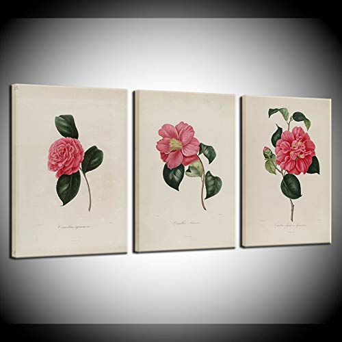 Tableau sur Toile 3 Panneau Peinture Rétro Camélia Fleurs Décoration Murale Salon Moderne