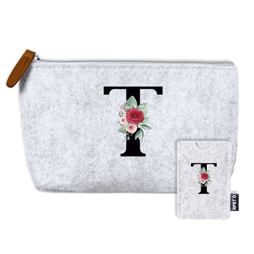 AMAEKO Neceser Personalizado, Neceser Inicial, Tarjetero con Inicial, Bolsa Aseo Mujer, Estuche Regalo, Estuche de Viaje Customizado, Bolsa Organizadora Hecho a Mano, Bolso Maquillaje Handmade (T)
