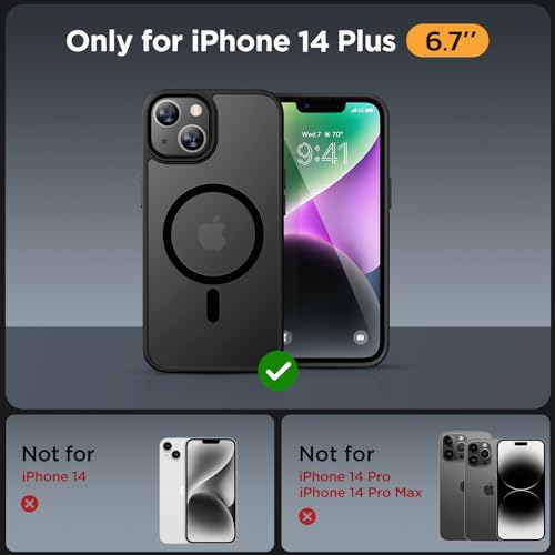 Image of Miracase Magnetic for iPhone 14 Plus Case 6.7 inch (Compatible with MagSafe)(with 2X Screen Protectors) Military-Grade Protection, Anti-Fingerprint Translucent Matte Phone Case Cover, Black