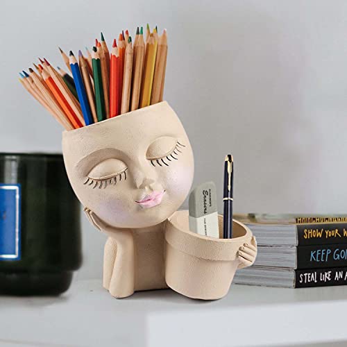 Face Planter Pot Head Planter Succulent Planter - Double Flower Pots In One For Indoor Outdoor Plants Cute Lady Resin Head Planter With Drainage Hole Beige #TOP5