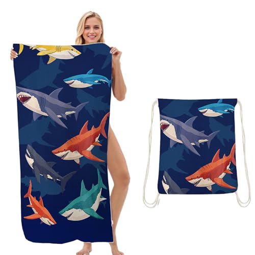 HarnyLoom Toalla Microfibra Playa Mujer Hombre, Toalla Playa Grande Baño Plegable 2 en 1 Personalizada, Secado Rápido, Nolsa de Almacenamiento Piscina Viajes de Verano (Tiburones, 70 x 140 CM)