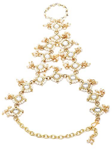 Image of Karatcart Gold Plated Baby Pink Pearl Chain Kundan Hathphool