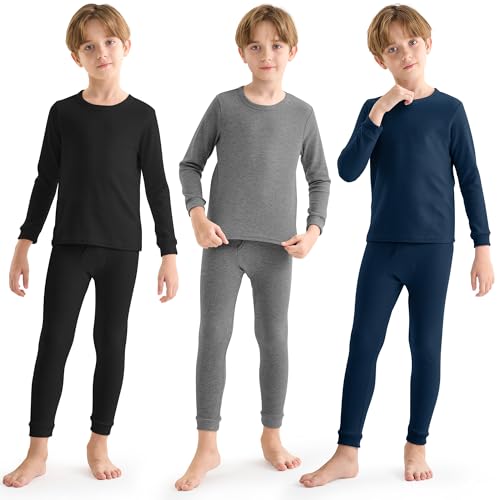 Resinta 3 Sets Boys Waffle Thermal Underwear Set Soft Winter Waffle Thermal Top and Bottom Long Johns Cotton Base Layer