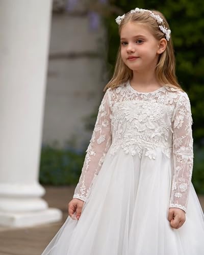 Tulle First Communion Dress Lace Long Sleeves Flower Girl Dresses for Wedding Princess Pageant Party Ball Gown4