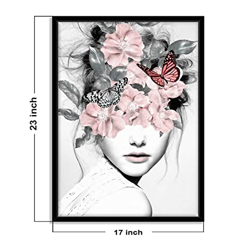 Image of PAINTINGMANTRA Blossom Pink Girl Flower Bouquet Black Framed Canvas Print for Wall, Home and Living Room Decoration (Size - 23 x 17 Inchs)