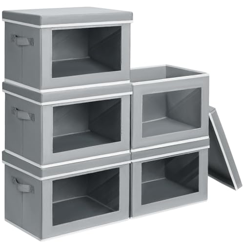 Image of Homsorout Stackable Storage Bins with Lids - Large Decorative Basket with Lids, Fabric Foldable Closet Organizer Bins, Shelf Organizer for Living Room, Dorm, 5 Pack, Grey