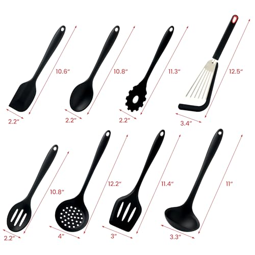 Miniatura 6 de Juego De Utensilios De Cocina De Silicona, 8 Piezas: Espátula, Volteador, Cuchara Para Servir, Cucharón Para Sopa, Cuchara Ranurada, Servidor De Pasta, Espumadera Y Espátula Para Pescado Negro