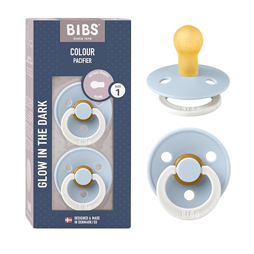 Image of BIBS Pacifiers Colour Collection | Natural Rubber Baby Pacifier | Set of 2 BPA-Free Soothers | Made in Denmark | 0+ Months (Pack of 2) | Baby Blue Night | Natural Rubber Latex | Size 1 | BPA-Free | Made in Denmark | Glow Handle | High Nipple Acceptance | Airflow Holes